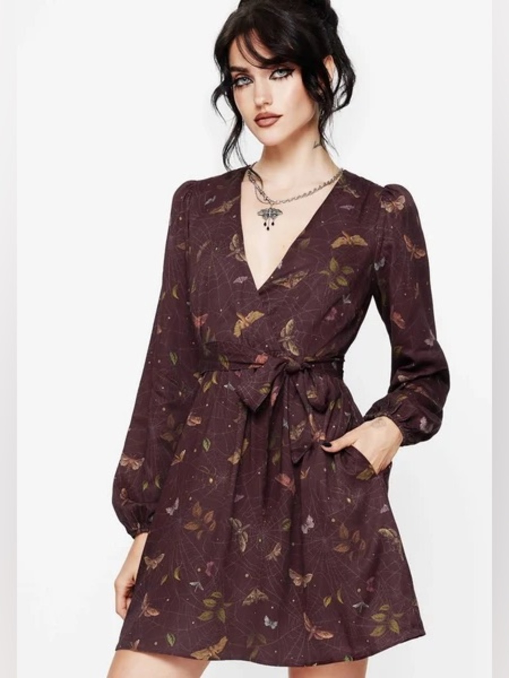 Disturbia Celia Moth Printed Mini Wrap Dress Burgundy Size 10 Missing Belt